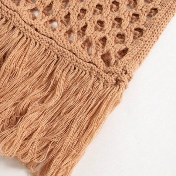 Coral Orange Women's Sexy & Elegant Beach Style Knitted Hollow Fringe Dress - Picture 4 of 5